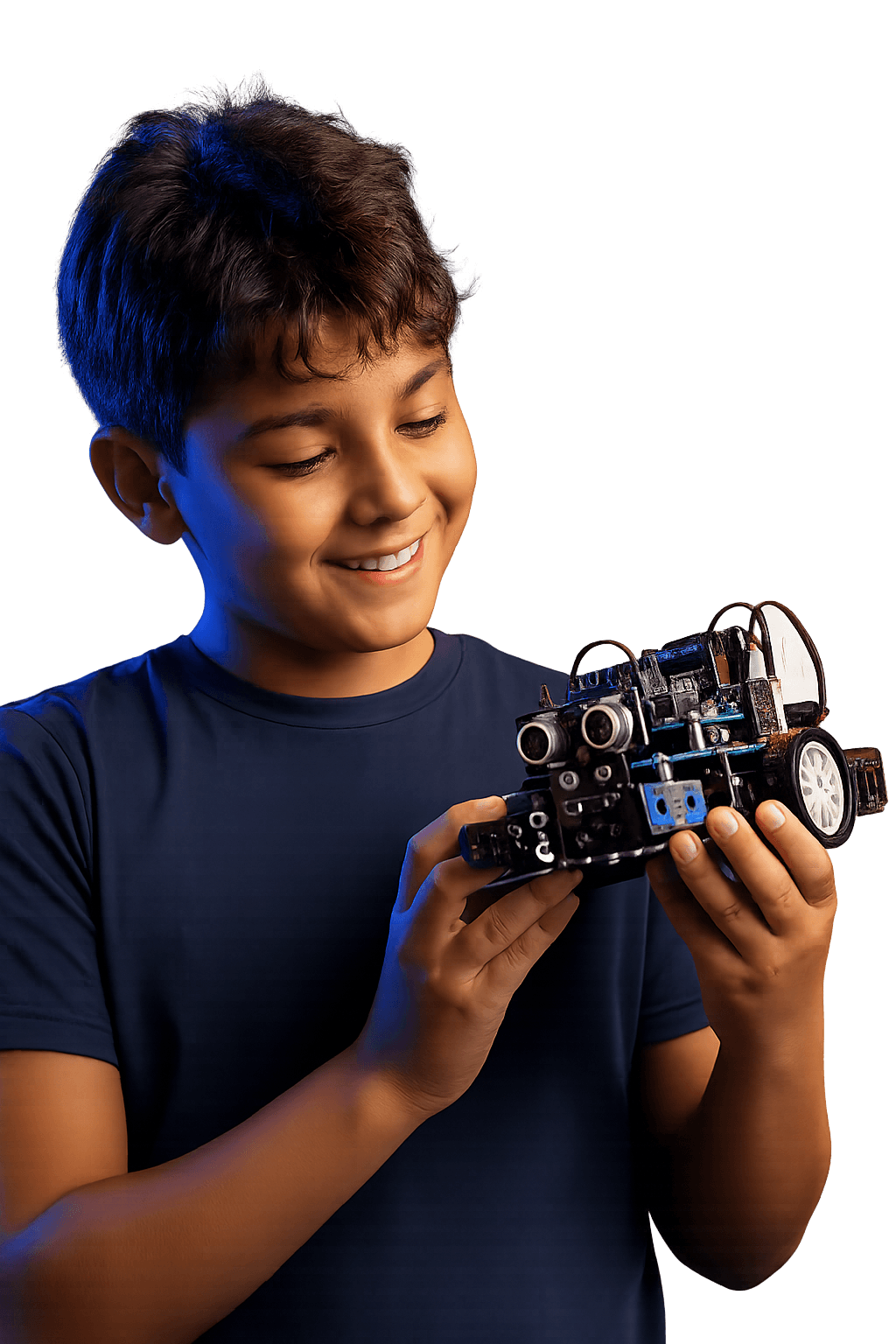 Aluno sorrindo com o robô que montou na Student Maker
