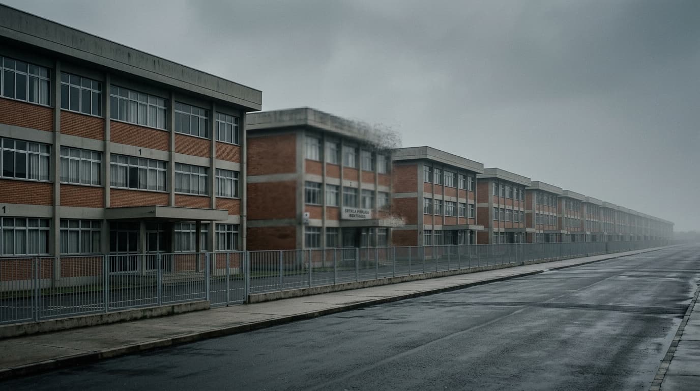 Fachada de escola tradicional em dia nublado, sem movimento