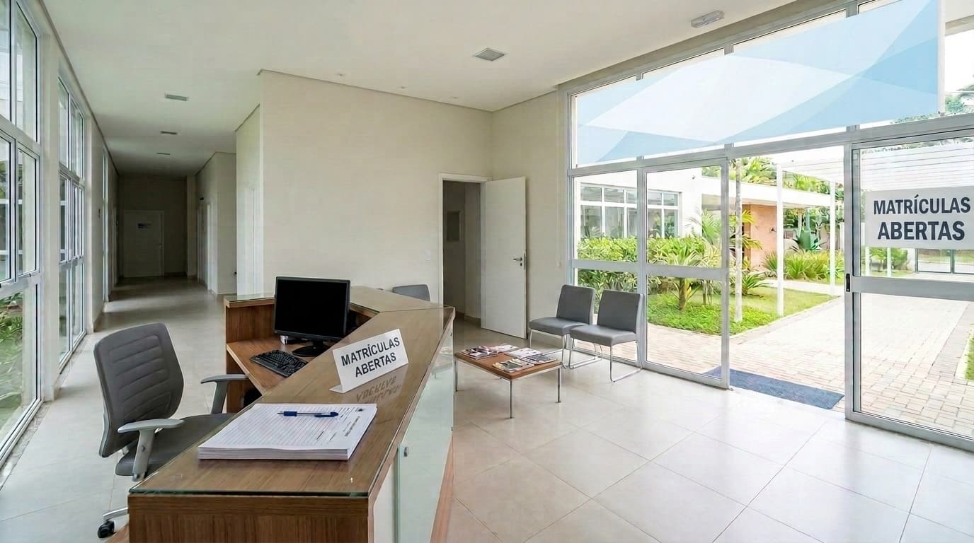 Recepção de escola vazia com placa de matrículas abertas